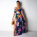 Tomshoo Women Boho Long Dress Off Shoulder Floral Leaves Print High Split Cutout Summer Beach Holiday Maxi Dress