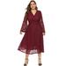 Romacci New Fashion Women Plus Size Dress Crochet Lace Solid Deep V Neck Flare Long Sleeve Party Slim Dress Dark Blue/Burgundy