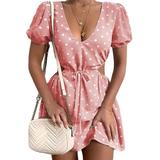 Sexy Dance Women Dresses V Neck Polka Dot Hollow Out Mini Sexy Dress Short Sleeve Summer Dresses with Belt Pink S(US 2-4)