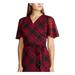 RALPH LAUREN Womens Red Belted Zippered Plaid Short Sleeve V Neck Below The Knee Sheath Dress Size 0