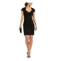 BETSY & ADAM Womens Black Embellished Sequined Lace Zippered Cap Sleeve Queen Anne Neckline Short Sheath Party Dress Size 6