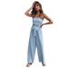 Women's Casual Off Shoulder Solid Color Strapless Belted Wide Leg Jumpsuit Romper