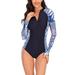 Mid-Ten Women Ladies Printed Swimsuit Swimwear One Piece Swimming Costumes Bathing Suit Beachwear Long Sleeve Diving Suit Wetsuit Front Zipper Surfing Push Up Padded Tankini Sets Tummy Control