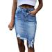 Women's High Waist Hem Ripped Denim Skirt Bodycon Frayed Holes Pencil Jean Skirt