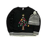 Womens Black Pom Pom Christmas Tree Holiday Sweater & Stripe Beanie Hat Set