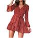 Ma&Baby Women V-Neck Long Sleeve Flower Pattern A-Line Casual Summer Dress