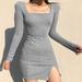 Women's Trend Long Sleeve Square Collar Split Dress Solid Color Sheath Casual Party Mini Sheath Dress