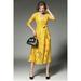 Women V-Neck Bow Designed Waist Lace Empire Dress Yellow