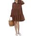 VONDA Women Plus Size Long Sleeve Casual Swing Pleated Short Dress