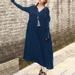 Vintage Women Casual Loose Long Dress Cotton V Neck Long Sleeves Button Solid Boho Maxi Dress Blue/Burgundy