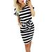 UKAP Women Bohemia Striped Summer Dresses Short Sleeve Pocket Midi Dress for Ladies Beach Sundress Lace Up Waist Bodycon Wrap Dress Party Holiday