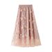 Women?s Long Tulle Skirt, Casual High Waist 3D Flower Embroidery Solid Color Midi Swing Skirt