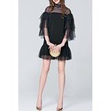 Junior Sheered Neck Ruffled Loose Dress