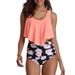 Women Tankini Set Two Piece Swimsuit Lotus Swimwear High Waist Beachwear Floral Print Push-Up Bra Padded Braces Swimming Bathing Suit Orange+Rose Print L