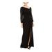 ADRIANNA PAPELL Womens Black Beaded Long Sleeve Asymmetrical Neckline Maxi Fit + Flare Evening Dress Size 4