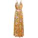 Selfieee Women's Sexy Spaghetti Strap Deep V Neck Floral Boho Criss Cross Backless Long Beach Dress 40379 Yellow Printed Large