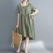 Vintage Women Plus Size Cotton Dress Stripe Print O Neck Short Sleeve Boho Loose Midi Dress Dark Green/Red