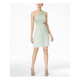 ADRIANNA PAPELL Womens Green Rhinestone Sleeveless Asymmetrical Neckline Above The Knee Fit + Flare Prom Dress Size 10