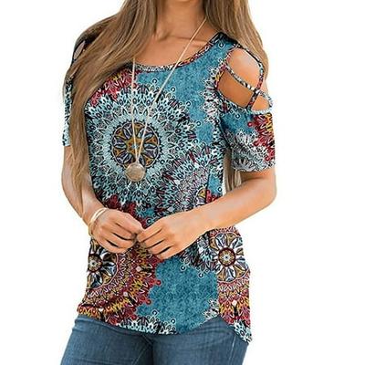 UK Womens Leopard Cold Shoulder Blouse Summer V Neck Strappy Loose T-shirt Tops