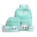 hainan Cat Backpacks Set for Teenage Girls and Student Kitty Printing Bookbag Cute School Bags Teen Girls 4 pcs for One Set Green one size