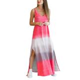 Women Ladies Stripe Print Dress Tie Dye V-neck Spaghetti Strap Sling Tank Dress Sexy Side Split Beach Sundress