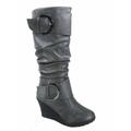 Pure-65 Women's Fashion Round Toe Slouch Large Buckle Wedge Mid Calf Boot Shoes