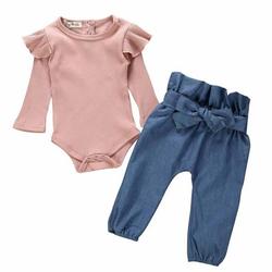 Zuiguangbao New 2Pcs Baby Girl Sets Autumn Long Sleeve Solid Romper Tops Denim Trousers Outfits Clothes Adorable Girl Romper Sets