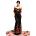 Soieblu, Black & Red Embroidered Floral Off-the-Shoulder Maxi Dress, Small