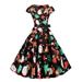 Women's Vintage Xmas Cocktail Formal Short Sleeve Belted Skater Dress