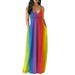 Besufy Boho Tie Dye Rainbow Print V Neck Women Spaghetti Strap Maxi Dress with Pockets