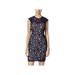 SEQUIN HEARTS Womens Navy Sequined Lace Zippered Cap Sleeve Illusion Neckline Short Sheath Cocktail Dress Size 5