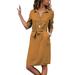 Women Lapel V Neck Button Shirt Dress Midi Long Sleeve Shirt Dresses Ladies Solid Color Tee Dress Waist Tie Lace Up Dresses