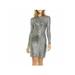 MICHAEL KORS Womens Silver Embellished Animal Print Long Sleeve Crew Neck Mini Body Con Party Dress Size XS