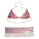 Women Sequins Bikini Tassel Skirt Suit Halter Split Body Chain Set Jewelry Nightclub Party Costume New