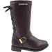 bebe Girlsâ€™ Big Kid Slip On Tall Riding Boots with Lace Up Back, Buckle Straps and Rhinestone Logo Embellishment Dark Brown Size 11