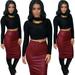 Meterk Europe Women Skirt PU Leather Solid Color Midi Pencil Skirts OL Casual Slim Clubwear