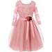 Little Girls Long Sleeve Girls Dress Floral Lace Roses Corsage Christmas Flower Girl Dress Rose 4 (J20KS98)