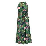 Lizxun Sleeveless Tie-up Vintage Print Round Neck Halterneck Dress with Belt