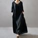 Autumn Women Casual Loose Dress Solid V Neck Long Sleeve Cotton Retro Boho Long Maxi Dress Black/Purple/Red