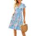 Womens V-Neck Floral Printed Ruched Midi Dress Summer Casual Swing Sundress