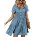 UKAP Women Short Sleeve Midi Dress Boho Beach Button Down Pleated Short Dresses Ladies Casual Flowy Tiered Dress Blue L(US 12-14)