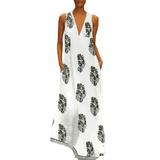Women Floral Print Long Maxi Dress Summer Sleeveless V Neck Boho Dresses Holiday Party Beach Sundress Plus Size