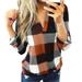 Transer Women's Basic V Neck Plaid Shirts Cuffed Long Sleeve Casual Tops Blouses Casual Roll Up Long Sleeve Plaid Shirt Slim Top