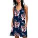 Women Summer T Shirts Dress With Pockets V Neck Beach Dress Boho Floral Printed Loose Tunic Short Mini Dress Rose Blue XL