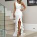 New Women's One Shoulder Dress Sleeveless Dress Ruffle Dress Sexy Clubwear Dress Solid Color Dress High Slit Elegant Long Dress