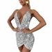 LOSIBUDSA Sexy Women Sequins Glitter Sparkle Deep V Neck Halter Backless Bodycon Short Mini Dress Evening Party Dress