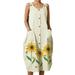Summer Dress for Womens V-neck Casual Loose Midi Dress Lady Summer Floral Print Dress with Pockets