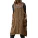 UKAP Casual Beach Kaftan for Women Vintage Fashion Pockets A Line Pinafore Cotton Linen Overall Apron Dress Khaki XL(US 12-14)