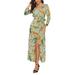 Women Floral Printed Asymmetric Maxi Dress,V Neck Tie Waist Buttons Split