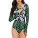 HIMONE Women's Long Sleeve Rashguard Swimsuit Zip Color Block Floral Leaf Tankini Swimwear Sun UV Protection Surfing Rash Guard